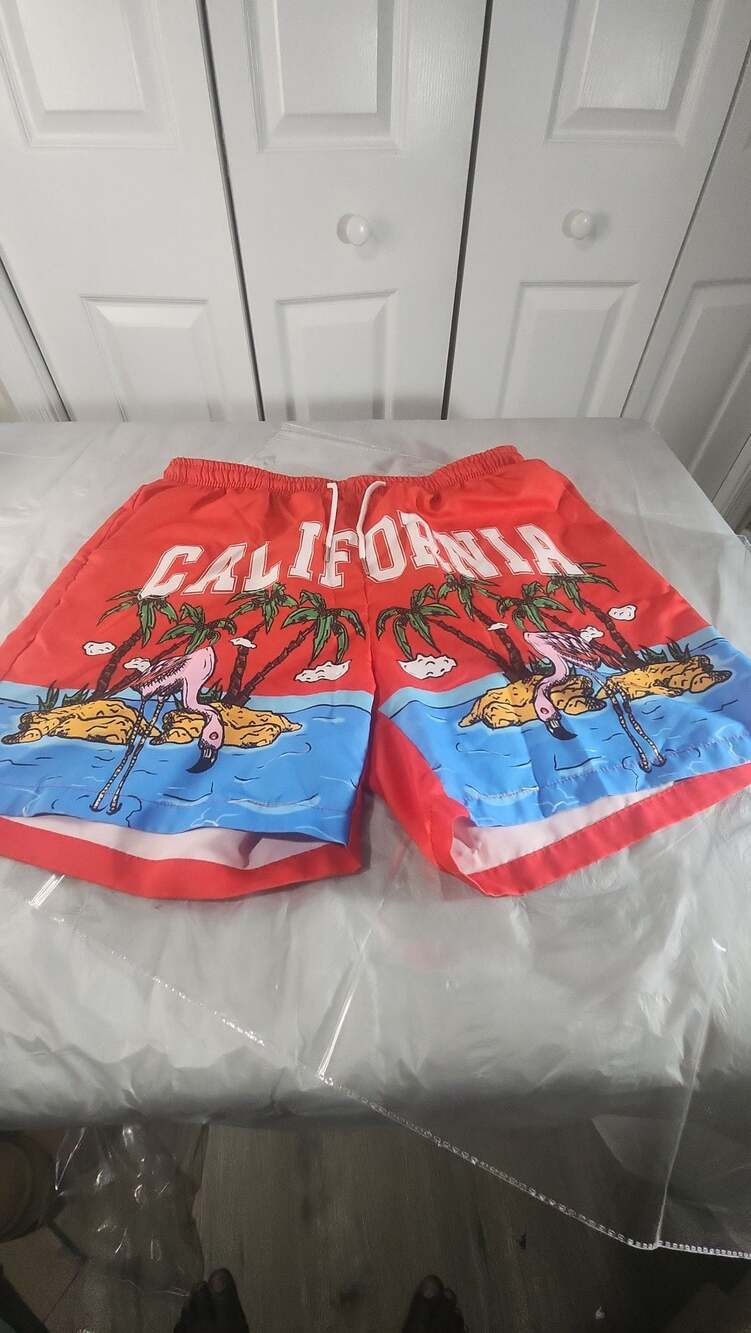 ROMWE Men’s Street Life California Flamingo & Palm Tree Graphic Print Swim Short